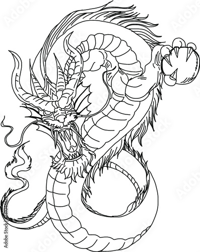 Hand drawn Red Dragon vector printing.Japanese old dragon for tattoo. Traditional Asian tattoo the old dragon vector.Dragon is Symbol of power