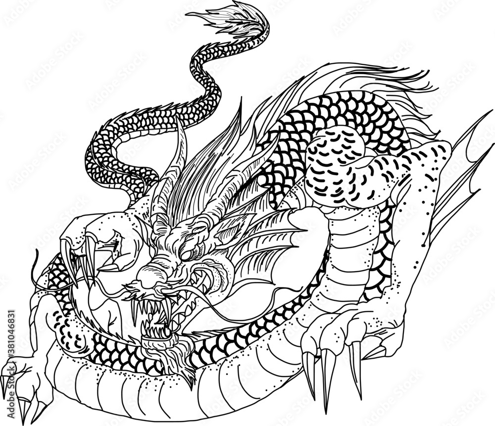 Hand drawn Red Dragon vector printing.Japanese old dragon for tattoo