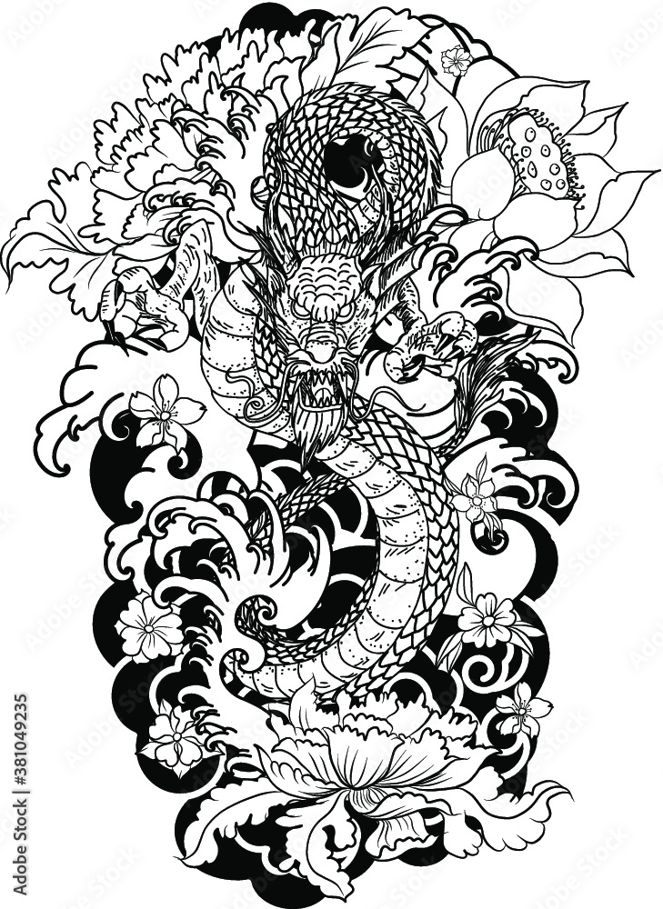 Japanese Dragon tattoo vector and hand drawn illustration.hand drawn ...