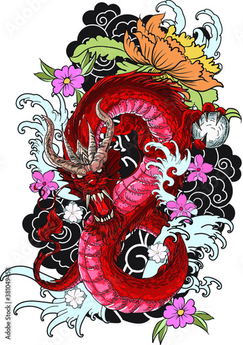 Japanese Dragon tattoo vector and  hand drawn illustration.hand drawn colorful Dragon tattoo, coloring book japanese style
