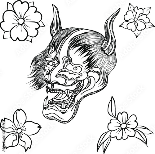 Japanese Dragon tattoo vector and  hand drawn illustration.hand drawn Japanese Hanya mask isolate vector.Line art Japanese demon mask design for tattoo.