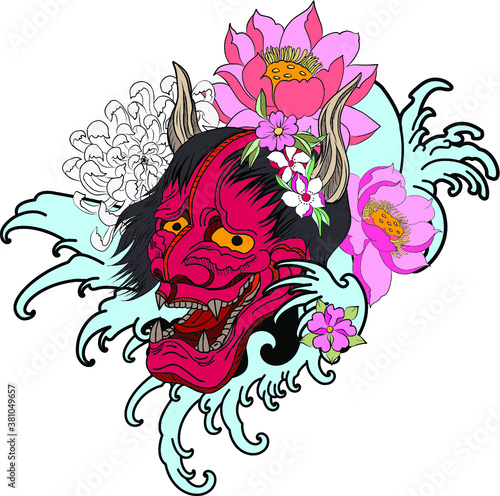 Japanese Dragon tattoo vector and  hand drawn illustration.hand drawn Japanese Hanya mask isolate vector.Line art Japanese demon mask design for tattoo.