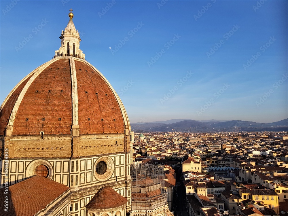 Piazza del Duomo in Florence, Italy. Cathedral of Santa Maria del Fiore from the Campanario de Giotto.  Aerial view of Florence. Florence architecture.