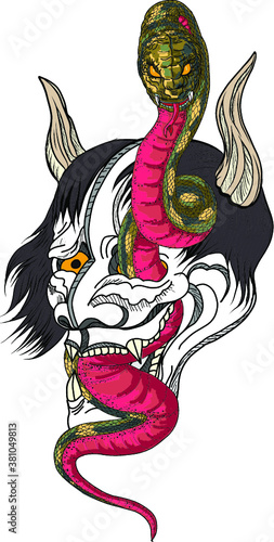 Japanese snake demon tattoo vector and  hand drawn illustration.Hand drawn Oni skull entwined by snake.japanese tattoo ; oni mask and snake tattoo.Japanese Demon mask with king cobra tattoo design.