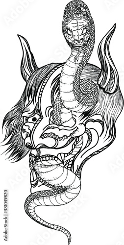 Japanese snake demon tattoo vector and  hand drawn illustration.Hand drawn Oni skull entwined by snake.japanese tattoo ; oni mask and snake tattoo.Japanese Demon mask with king cobra tattoo design.