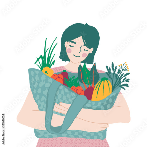 Woman hold shopping bag with local farmers vegetables and fruits. Female customer shopping at farmers market. Support small business concept. Vector illustration of green, eco friendly lifestyle 