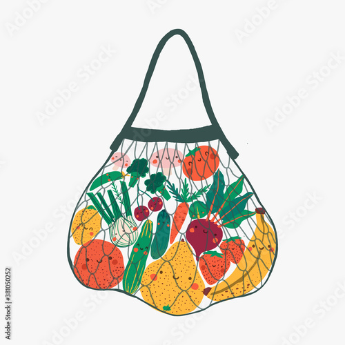 Flat eco bag with cute vegetables and fruit. Cartoon style veggies with smiling face. Eco friendly, green life style. Zero waste concept. Vector illustration