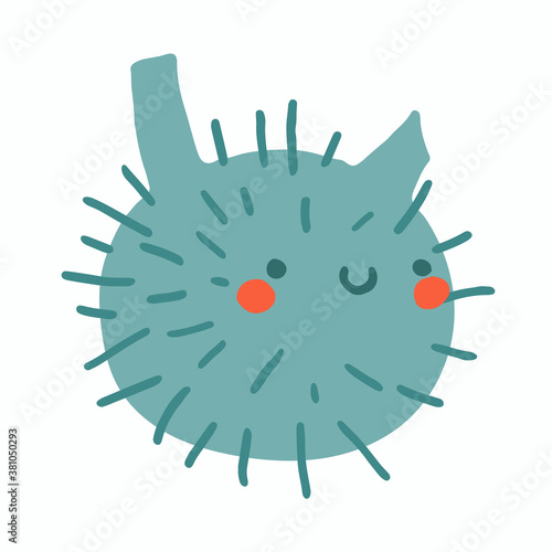 Cute flat hedgehog fish. Childish vector puffer fish illustration. Cartoon design for t shirt print, clothes, cards, stickers and posters