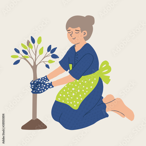 Happy girl planting tree. Young woman working in garden. Green life and reduce stress concept. Flat vector design