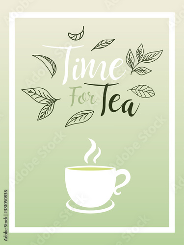 time for tea with cup and leaves in frame vector design