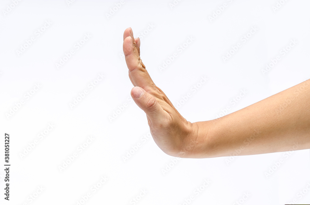 Close up of hand with show five fingers up in the peace, Show hand stop. Symbol of break. Isolated on white background. Close up of hand with show five fingers up in the peace, Show hand stop. Symbol of break. Isolated on white background.