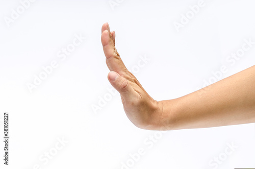Close up of hand with show five fingers up in the peace, Show hand stop. Symbol of break. Isolated on white background.