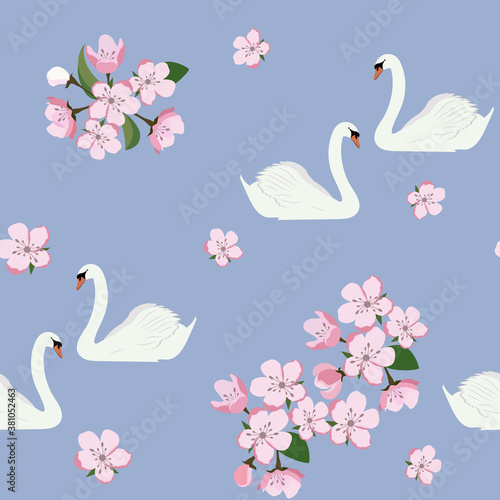 Seamless pattern with swans and a blooming apple