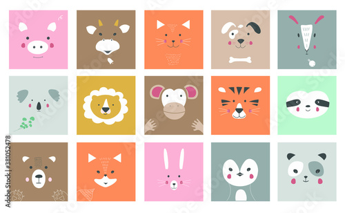 Cute simple animal portraits, animal faces: Koala, lion, monkey, tiger, sloth, pig, bull, cat, dog, sheep, bear, Fox, hare, penguin, Panda. Design of children's clothing. Cartoon character. Vector ill
