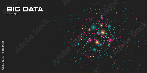 Big data visualization. A cluster of multi colored glow particles. Abstract science, technology background with copy space. Vector