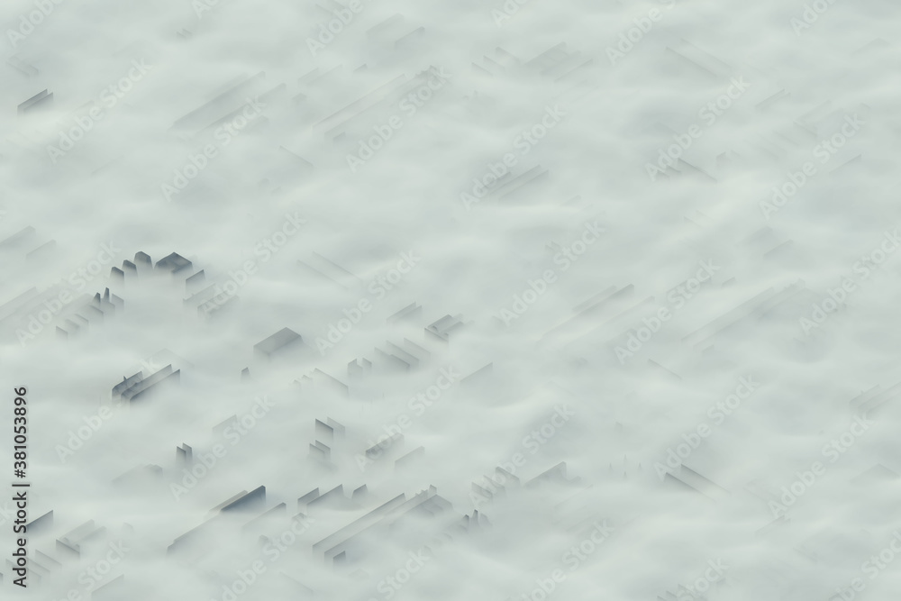 aerial view of a city hidden in a layer of thick fog, 3D illustration aerial view of a city hidden in a layer of thick fog, 3D illustration