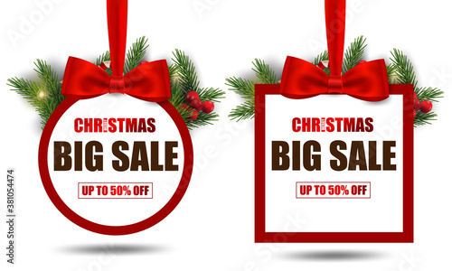 Merry Christmas and happy new year. Set of Christmas big sale stickers with bow and Christmas tree branches.