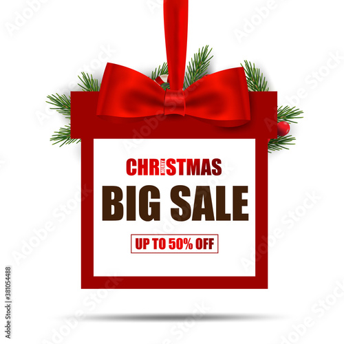 Merry Christmas and happy new year. Christmas big sale stickers with bow and Christmas tree branches.