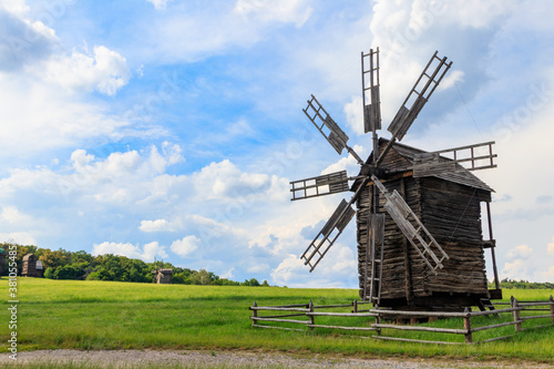 Old wooden windmill in Pyrohiv  Pirogovo  village near Kiev  Ukraine