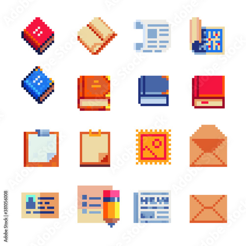 Pixel art icon set. Letter, tablet, book, sheet and scroll of paper.  Stickers design.  Isolated vector illustration. 8-bit sprites. Old school computer graphic style.