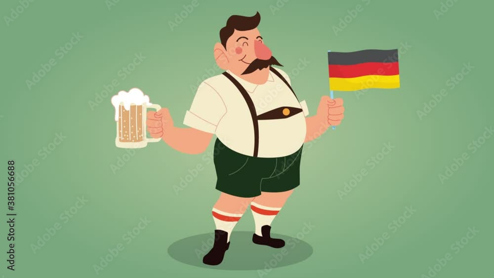 oktoberfest celebration animation with drunk man lifting beer and flag oktoberfest celebration animation with drunk man lifting beer and flag