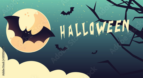 Tablou canvas happy halloween bats with moon and tree vector design