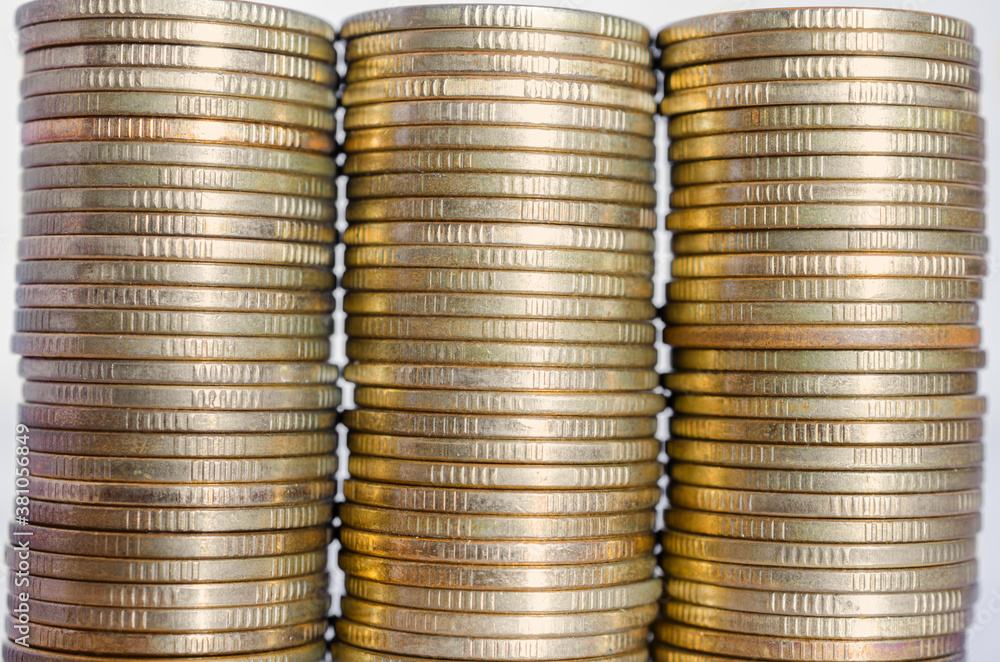 gold coin stack row growing pile on white background for money saving and investment business financial and banking concept. gold coin stack row growing pile on white background for money saving and investment business financial and banking concept.