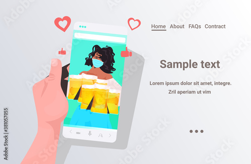 woman in mask holding beer mugs Oktoberfest party festival celebration self isolation coronavirus pandemic concept smartphone screen portrait horizontal copy space vector illustration