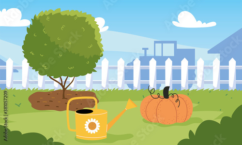 farm garden with tree pumpkin and watering can vector design