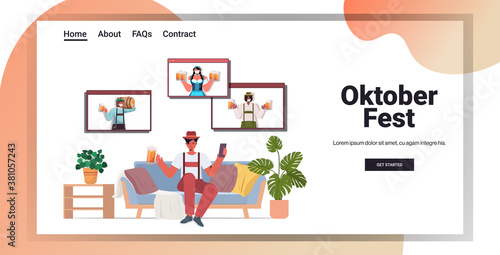 man drinking beer discussing with mix race friends during video call Oktoberfest party celebration coronavirus quarantine self isolation copy space horizontal vector illustration