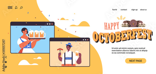 mix race man woman holding beer mugs Oktoberfest party celebration couple in web browser windows online communication self isolation concept horizontal portrait copy space vector illustration