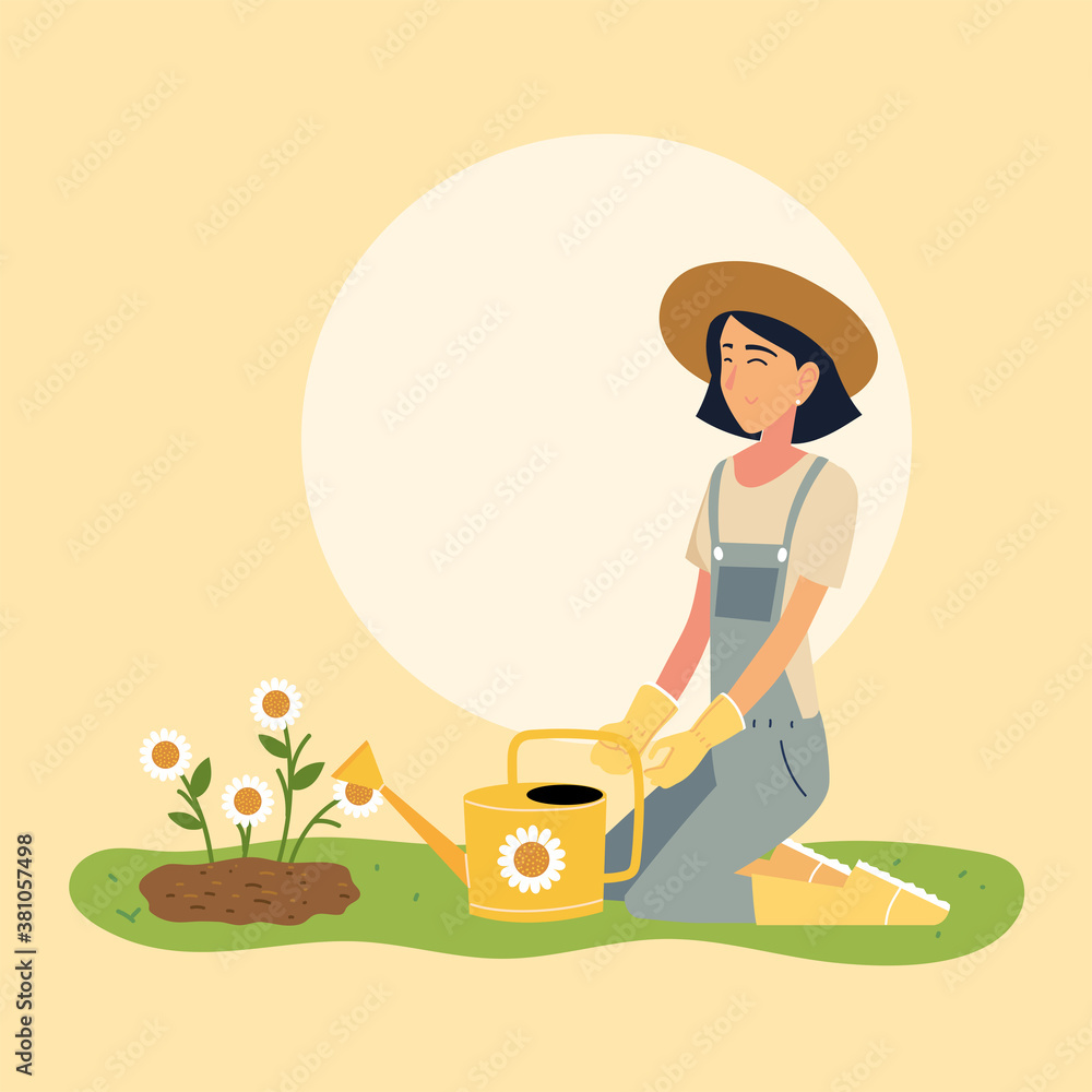 gardener woman cartoon with overall flowers and watering can vector design