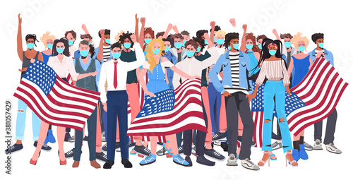 mix race people crowd in masks standing together labor day celebration coronavirus quarantine concept full length horizontal vector illustration
