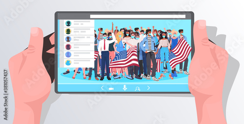 human hands using tablet pc watching online video people in masks holding usa flags labor day celebration coronavirus quarantine self isolation concept horizontal portrait vector illustration