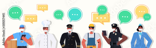 mix race people of different occupations standing together labor day celebration chat bubble communication concept men women wearing masks to prevent coronavirus horizontal vector illustration