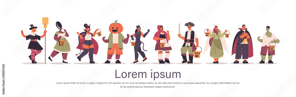 Naklejka premium set mix race people in different costumes standing together happy halloween party celebration concept flat full length horizontal copy space vector illustration