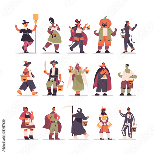 set mix race people in different costumes standing together happy halloween party celebration concept flat full length vector illustration