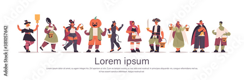 set mix race people in different costumes standing together happy halloween party celebration concept flat full length horizontal copy space vector illustration