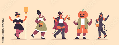 set mix race people in different costumes standing together happy halloween party celebration concept flat full length horizontal vector illustration