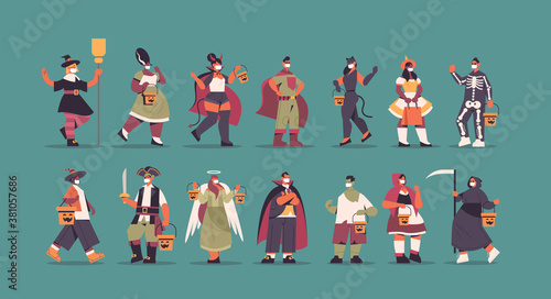 set mix race people in different costumes standing together happy halloween party celebration concept flat full length horizontal vector illustration