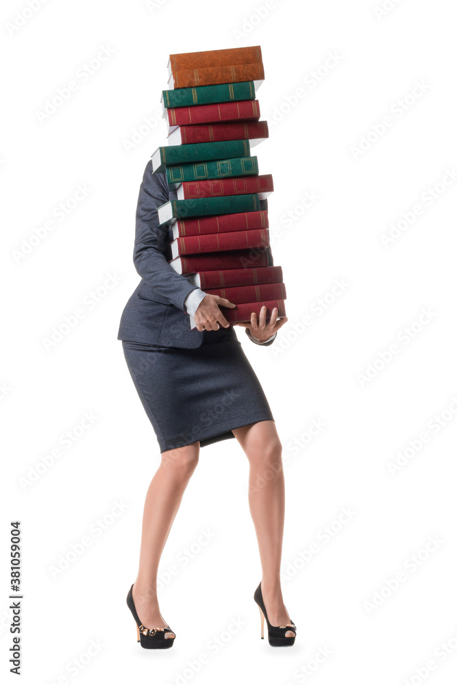 Businesswoman or lawer holding a lot of books. Isolated on white background Businesswoman or lawer holding a lot of books. Isolated on white background
