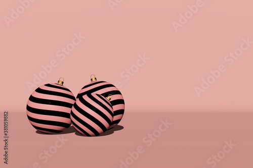 Obraz na płótnie Three striped pink and black Christmas balls w salonie