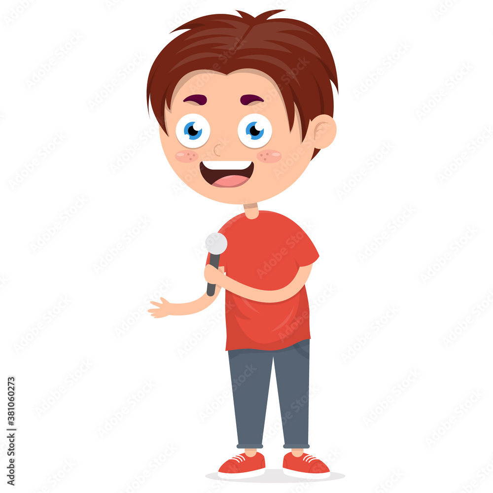 little boy singing with microphone in his hand, vocal performance by kid, cartoon vector illustration little boy singing with microphone in his hand, vocal performance by kid, cartoon vector illustration