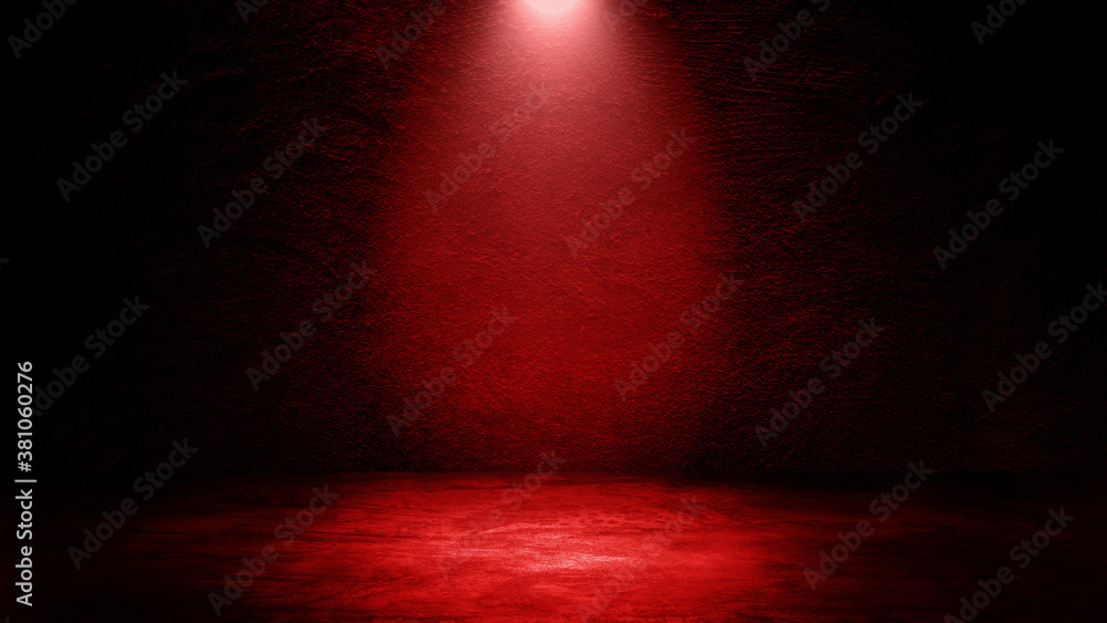 Empty space of Studio dark room with red lighting effect on concrete