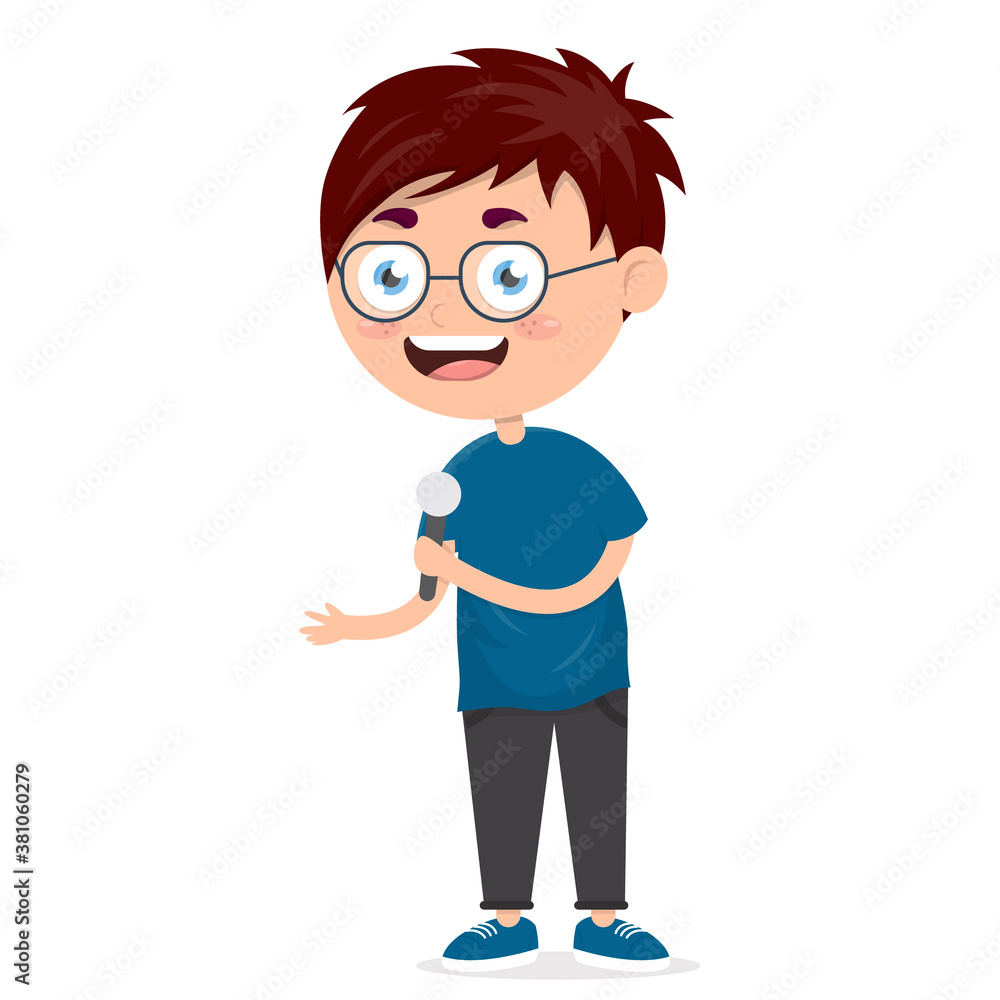 little boy singing with microphone in his hand, vocal performance by kid, cartoon vector illustration little boy singing with microphone in his hand, vocal performance by kid, cartoon vector illustration