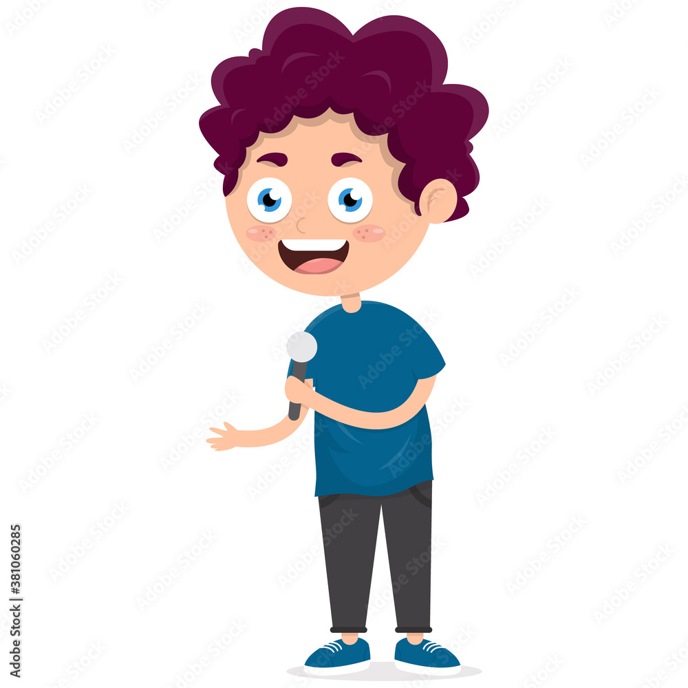 little boy singing with microphone in his hand, vocal performance by kid, cartoon vector illustration