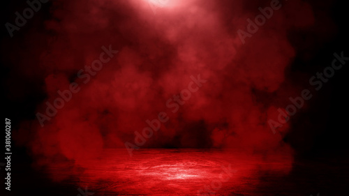 Empty space of Studio dark room with red lighting effect on concrete floor grunge texture background for product showing.