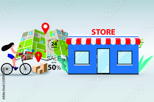 Concept of offline shopping, young women ride a bicycle to pick up the goods at store in a background of map and marker in perspective view.