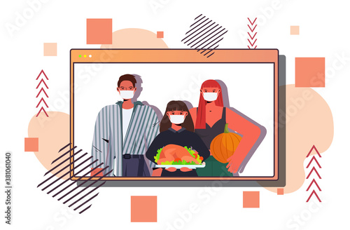 family in masks celebrating happy thanksgiving day parents and daughter standing together coronavirus quarantine concept web browser window portrait horizontal vector illustration