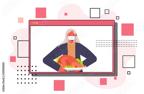 senior woman in mask celebrating happy thanksgiving day grandmother holding roasted turkey coronavirus quarantine self isolation concept web browser windows portrait horizontal vector illustration